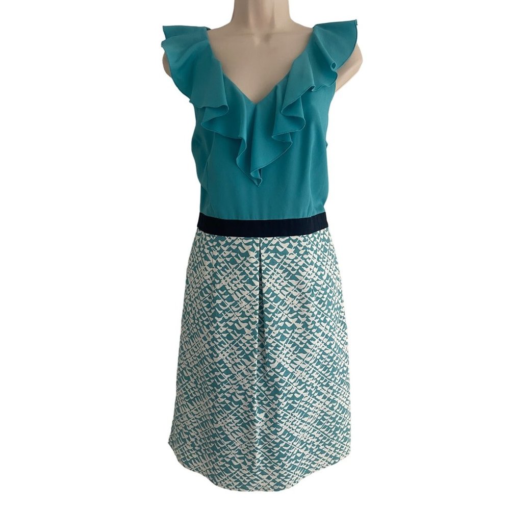Size 12 TEAL RUFFLE NECK SHEATH‎ DRESS W/POCKETS Spring Summer Church Career